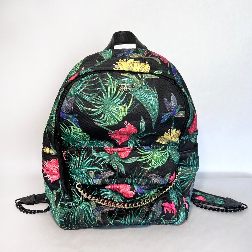 Victoria's Secret Backpack Floral Tropical Gold Chain Strap Hands-free Carry Bag